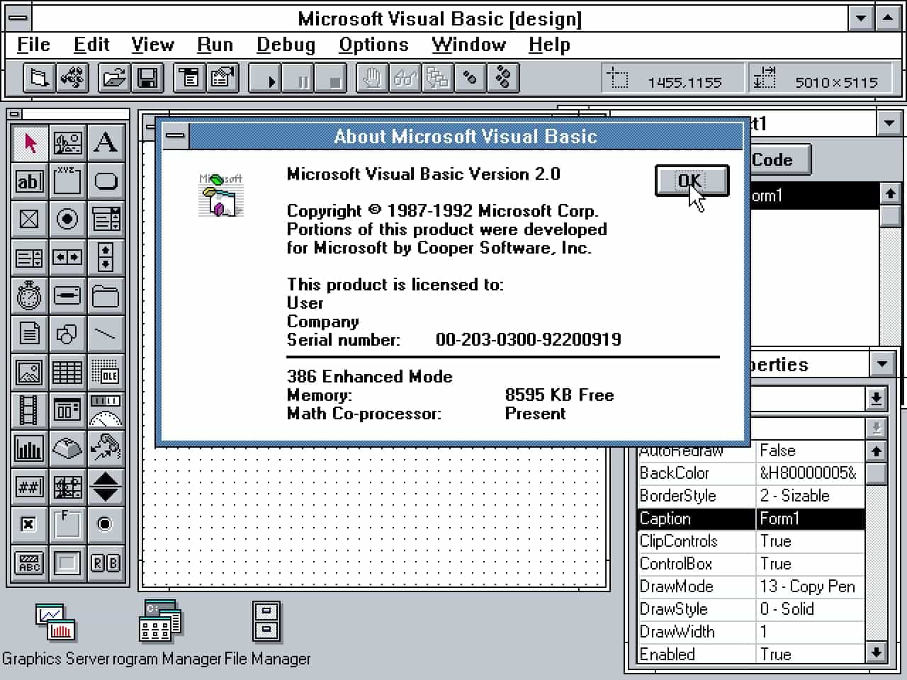 A screenshot showing the Visual Basic 2.0 starting interface. There are 36 buttons in the left panel along with other new controls. There's also a row of buttons on the top of the screen.